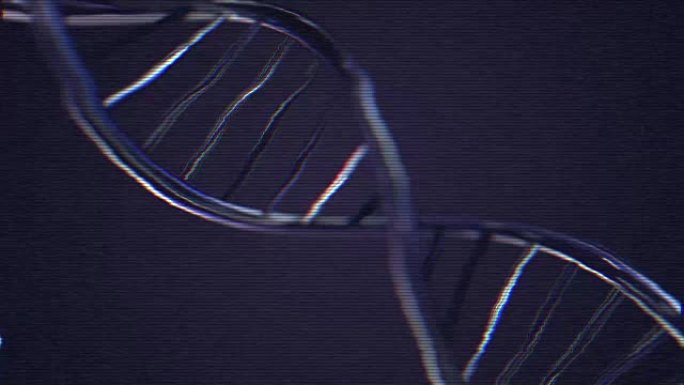 动画DNA链。蓝色DNA链慢动作-3D动画。电视噪音