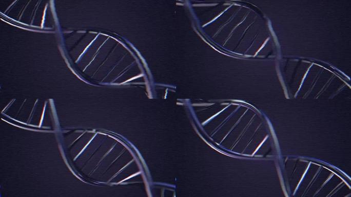 动画DNA链。蓝色DNA链慢动作-3D动画。电视噪音