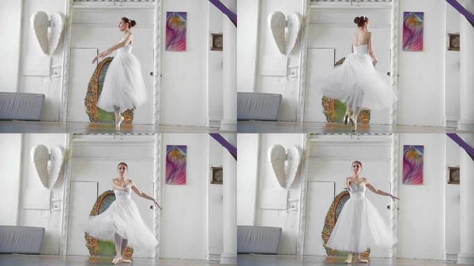 穿着白色连衣裙的年轻漂亮芭蕾舞演员在宽敞的白色工作室表演舞蹈