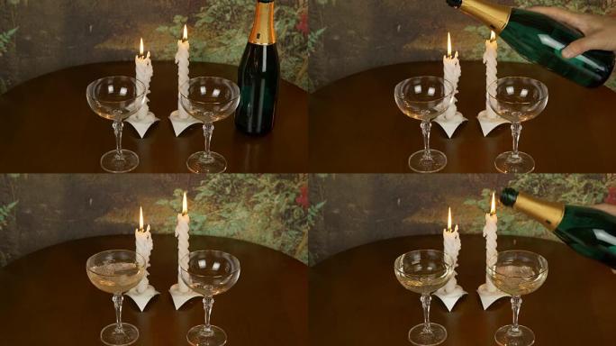 浪漫夜晚的开始。桌子上有两个酒杯和一瓶香槟。男人的手把香槟倒在玻璃杯上。用打火机的手点燃蜡烛。