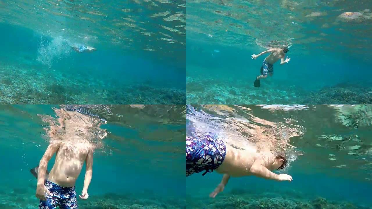 一个小男孩浮潜的水下镜头