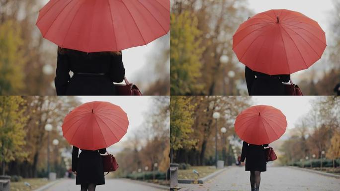 女人在红伞下行走，慢动作