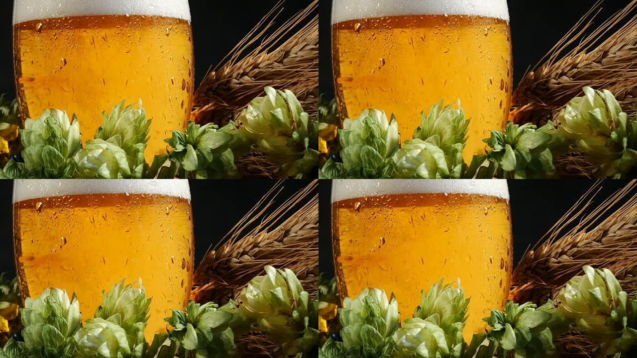 啤酒杯配麦芽和啤酒花。玻璃中的气泡正在上升。
