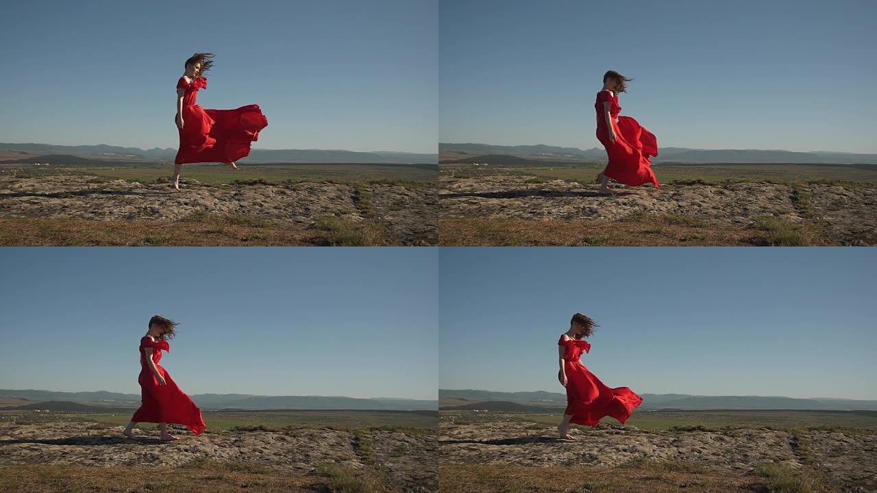 红字飘扬的女性模特在风中穿着赤脚