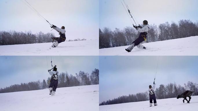 一名穿着运动服的男运动员正在美丽的冬季景观上做雪景