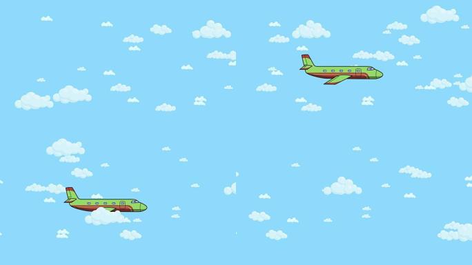 动画飞机在蓝天背景上飞来飞去，白云密布。平面动画。