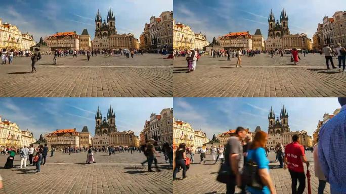 延时: 阳光明媚的日子，拥挤的游客在布拉格老城广场上狼吞虎咽