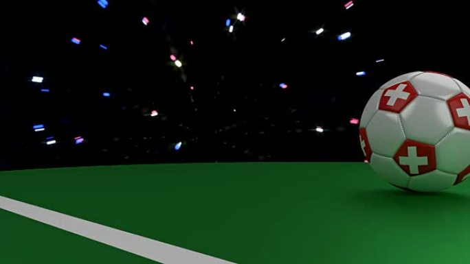 带有瑞士国旗的足球在礼炮下越过球门线，3D渲染