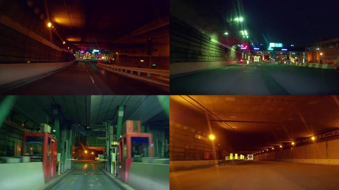 夜间高速公路行车-自动收费闸门。“ETC” 大泉收费站。