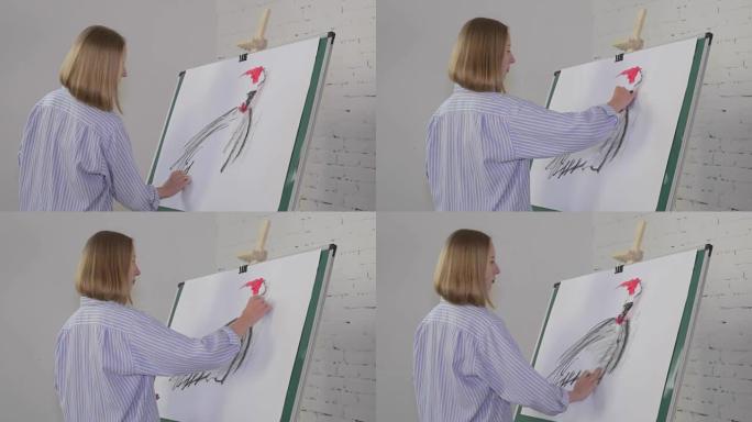 女艺术家用煤在画布上画一个女人。画布立在画架上。绘图过程