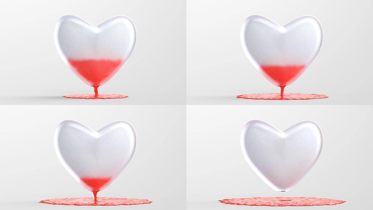 血液流出的玻璃心脏的3D插图