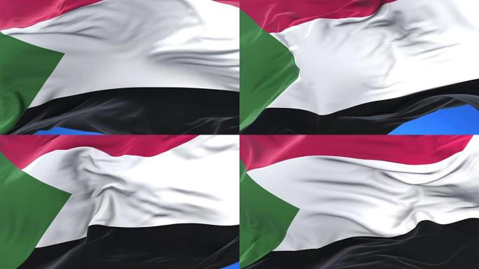 苏丹国旗在蓝天下缓慢地挥舞着，循环