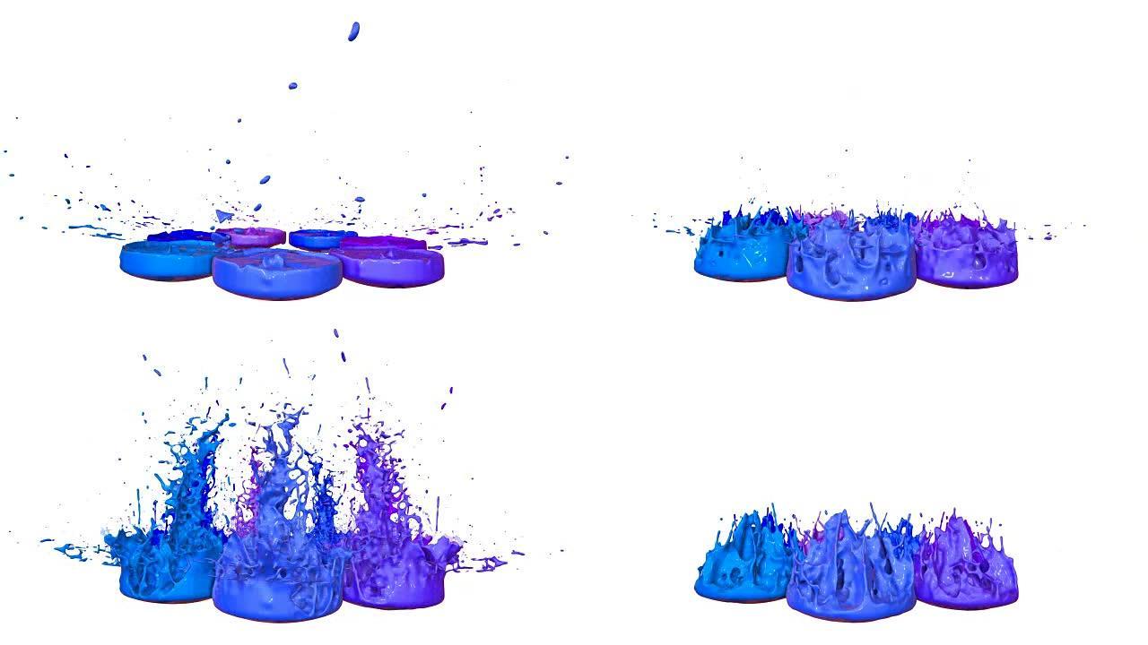 白色背景上的油漆随着时间的放缓而跳舞。在播放音乐的音乐扬声器上模拟3d墨水飞溅。在超高质量4k中作为