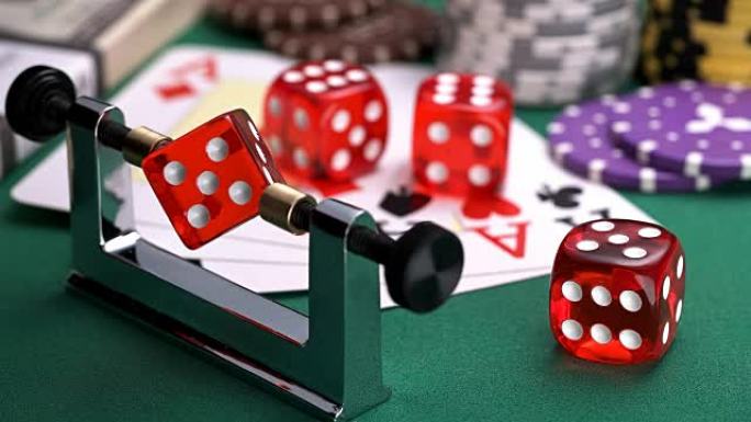 游戏桌上的红色骰子，带有纸牌和筹码，可用于检查面部平衡，以进行公平竞争