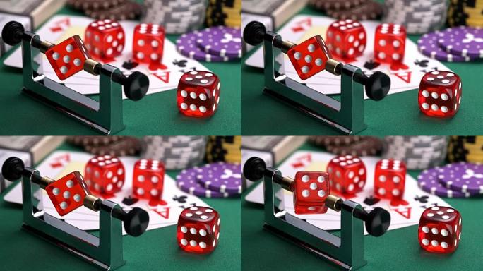 游戏桌上的红色骰子，带有纸牌和筹码，可用于检查面部平衡，以进行公平竞争