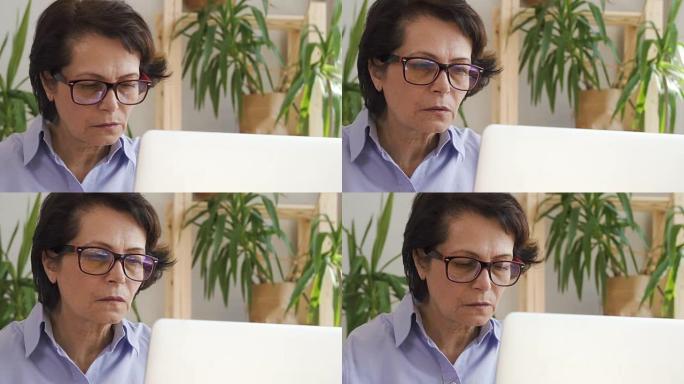 自信的老年妇女在办公空间中使用笔记本电脑进行在线项目