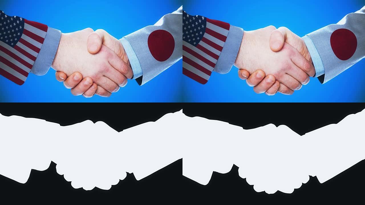 美国-日本/握手概念动画国家和政治/与哑光频道