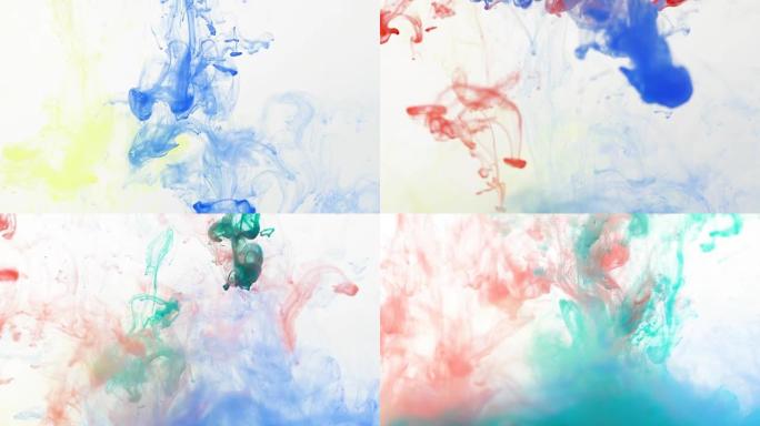 特写明亮的混色水滴在水中，水彩墨水飞溅背景的抽象运动，4K Dci分辨率