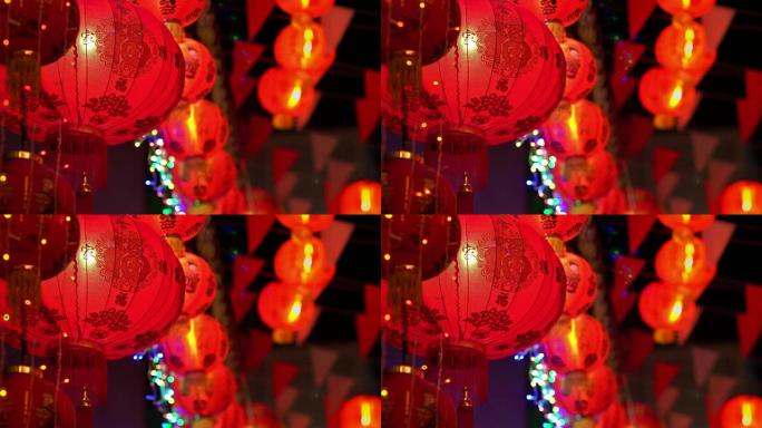 唐人街的中国新年灯笼，祝福文字意味着良好的财富和健康。