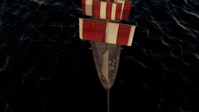 一艘古老的木制战舰在海洋上的3D动画
