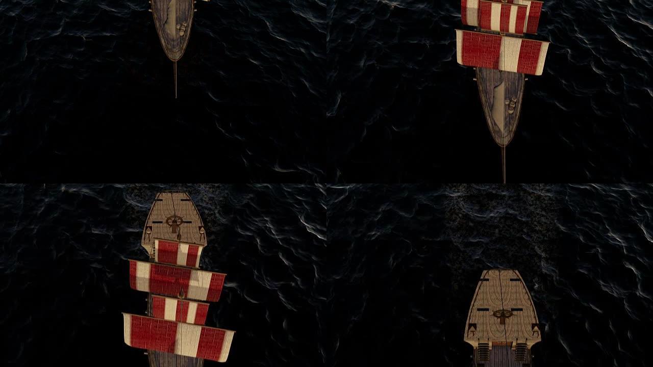 一艘古老的木制战舰在海洋上的3D动画