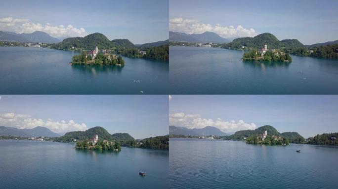 Drone flying above stunning lake Bled in Slovenia