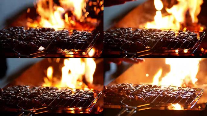 冬季烧烤烧烤 -- 晚上户外煎肉