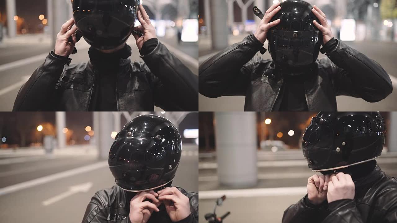 高加索男子摩托车手在夜间街道上戴着头盔
