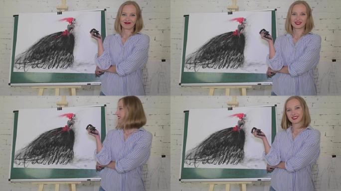 女艺术家用木炭在画布上画了一个黑色连衣裙的女人。画布立在画架上。图纸完成