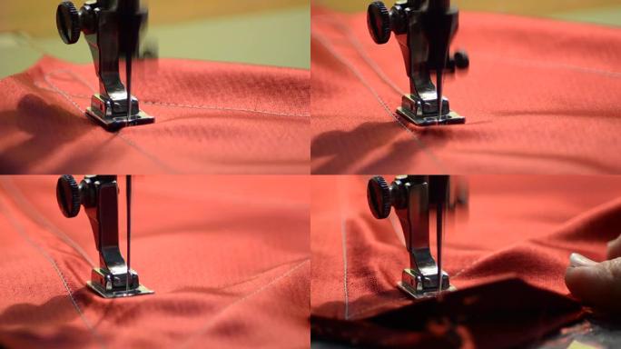 编织红色织物的缝纫机
