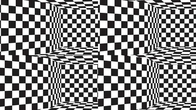 移动无缝背景棋盘图案透视，黑白几何设计。