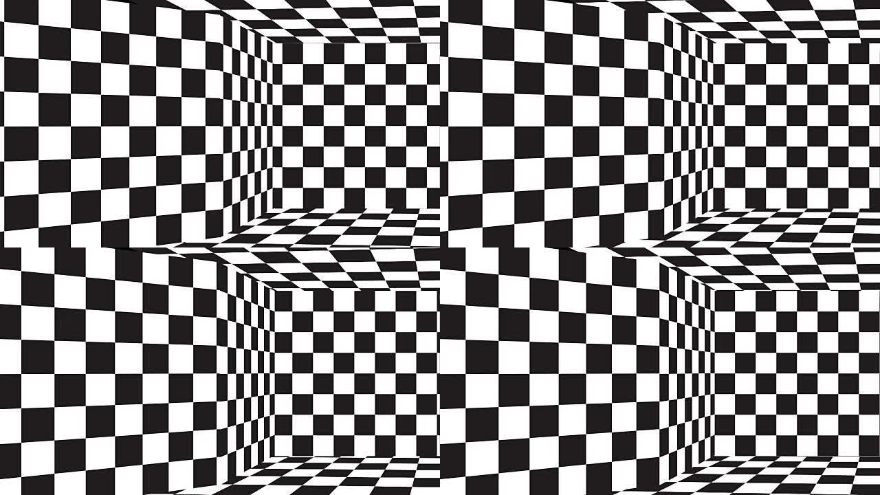 移动无缝背景棋盘图案透视，黑白几何设计。