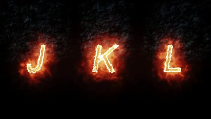 燃烧字体j，k，l，黑色背景上有火焰和烟雾的火字文本，火热字母装饰的概念