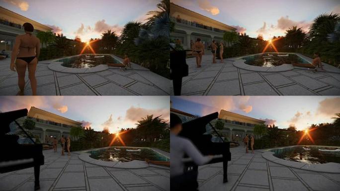 日落时与钢琴演奏者的泳池派对，平移