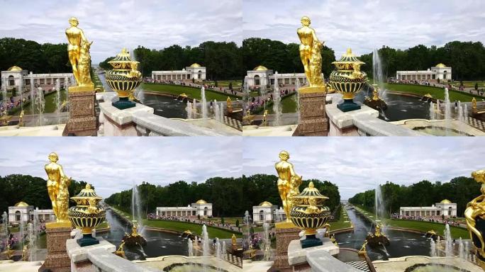 俄罗斯圣彼得堡彼得霍夫大皇宫公园的喷泉、雕塑和花瓶
