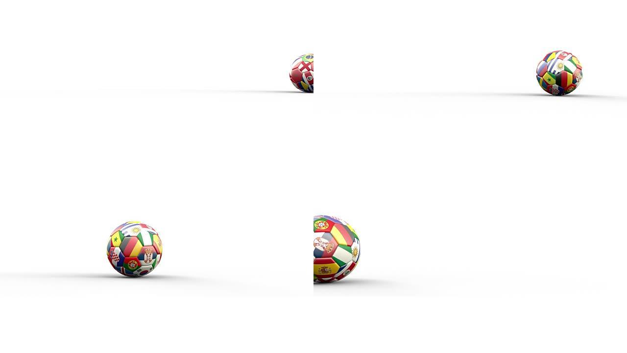 彩色足球及其阴影沿透明表面移动，3D渲染