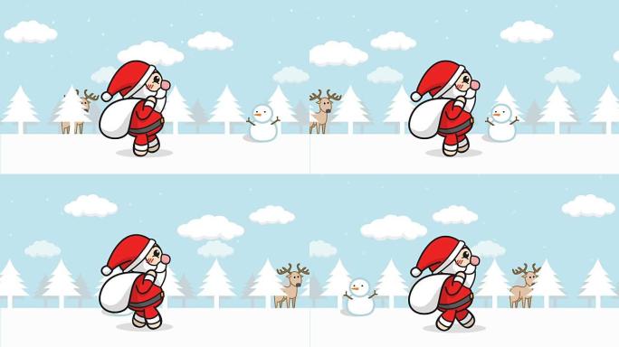 圣诞老人动画无缝循环。卡通圣诞老人与礼品袋走在雪林与冬季景观，雪落，雪人和驯鹿的背景。圣诞快乐镜头背
