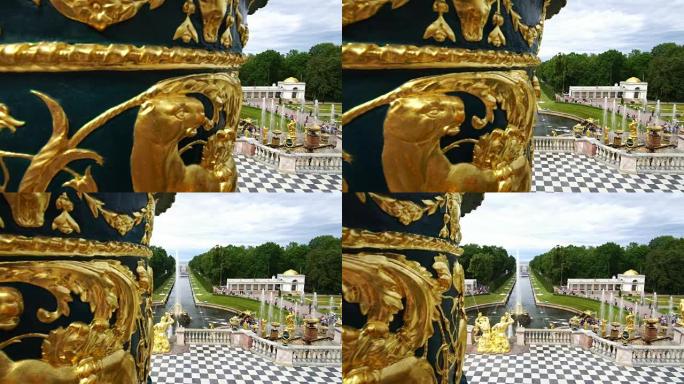 跟踪镜头显示俄罗斯圣彼得堡彼得霍夫的大宫殿级联和萨姆森喷泉