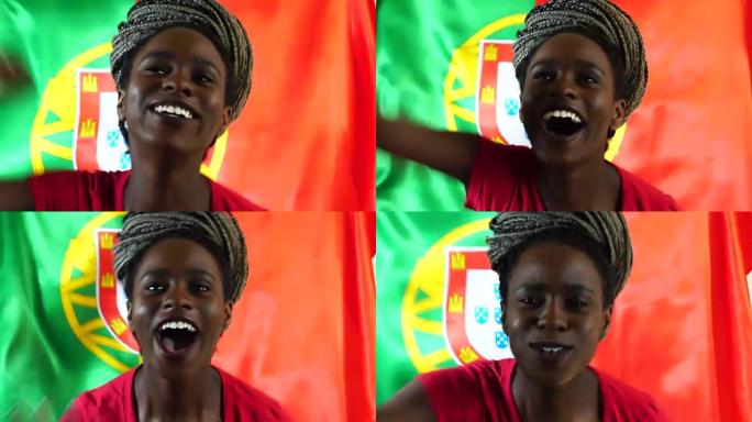 西班牙年轻黑人妇女用西班牙国旗庆祝