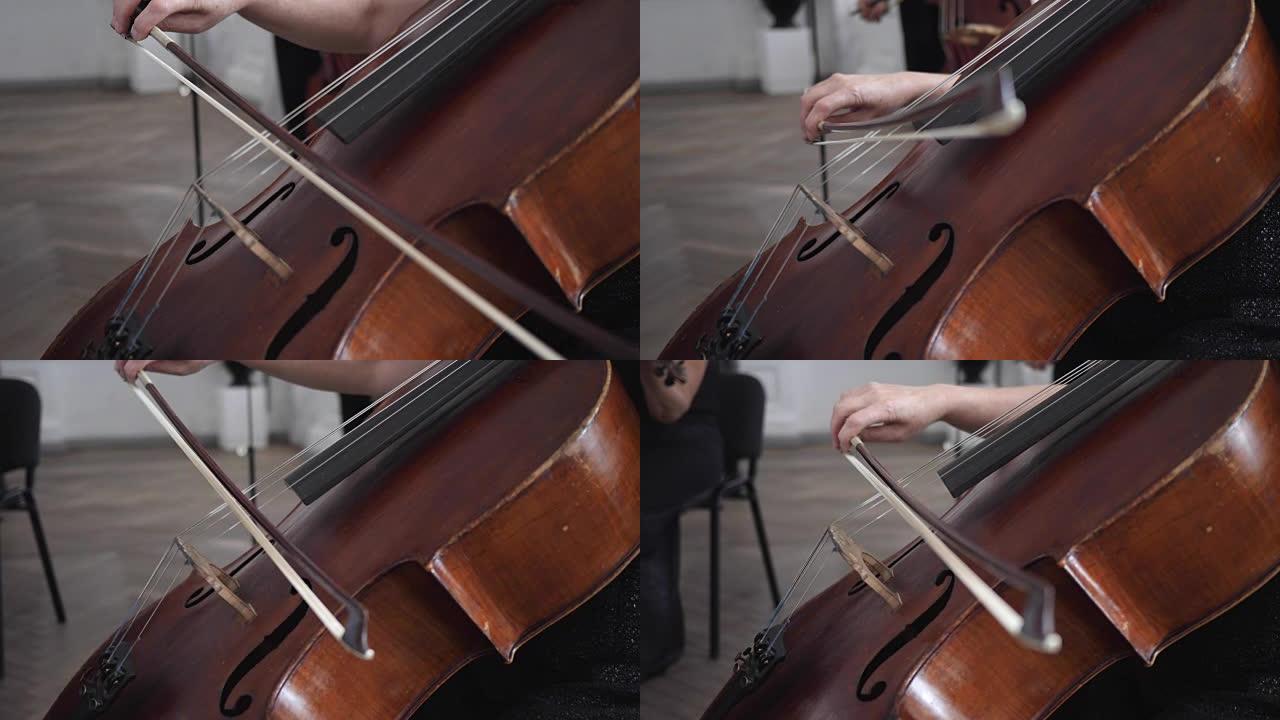 低音提琴和小提琴弓的特写镜头，女性手在乐器上演奏