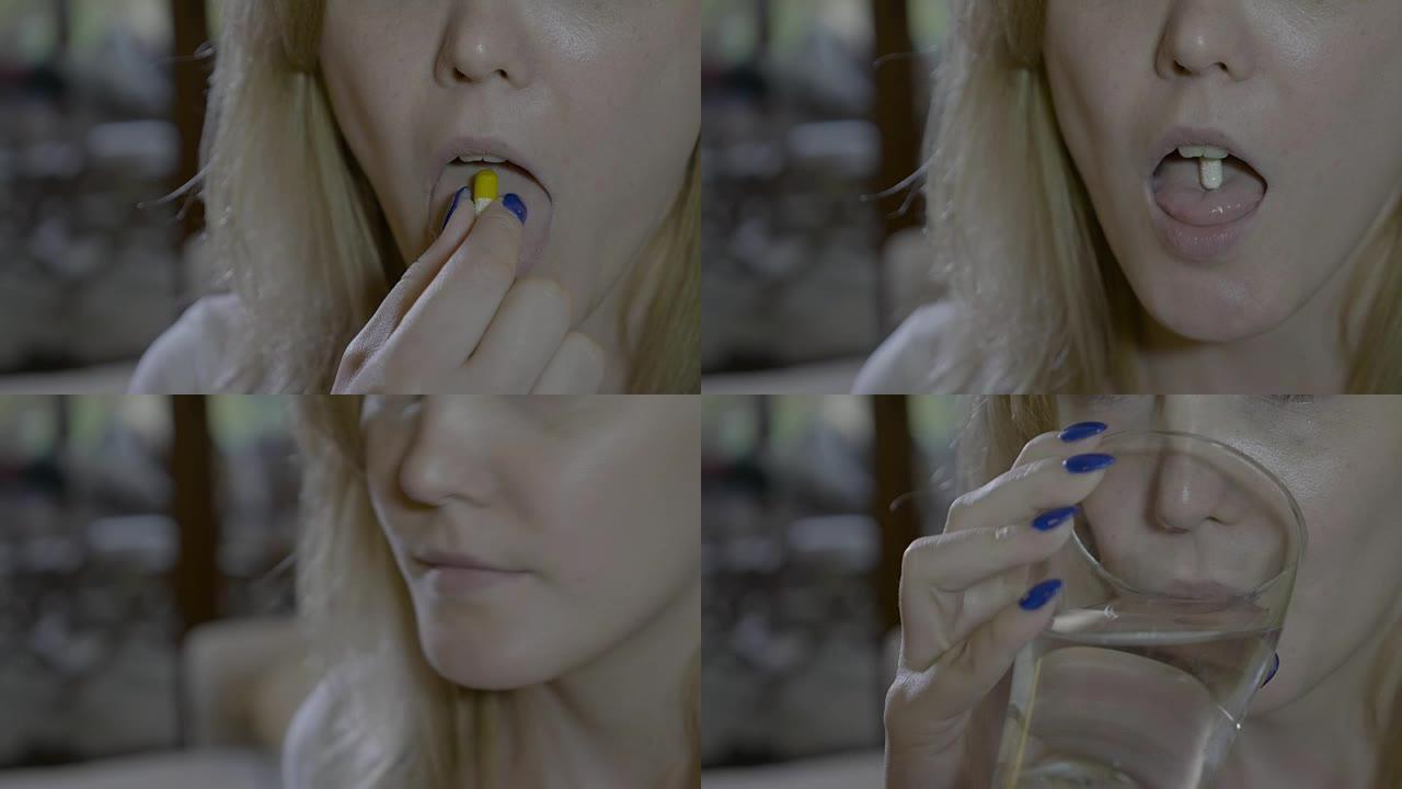 一个生病的女人的嘴巴吞下黄色的抗生素胶囊，喝一杯椰子水