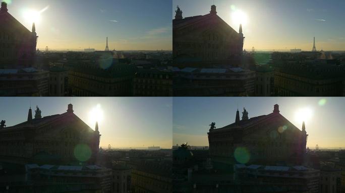 法国日落巴黎著名的老佛爷画廊屋顶城市全景4k