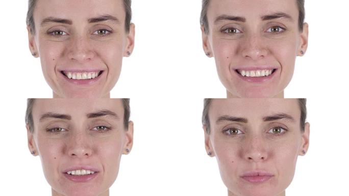 微笑的中年妇女脸的特写，白色背景