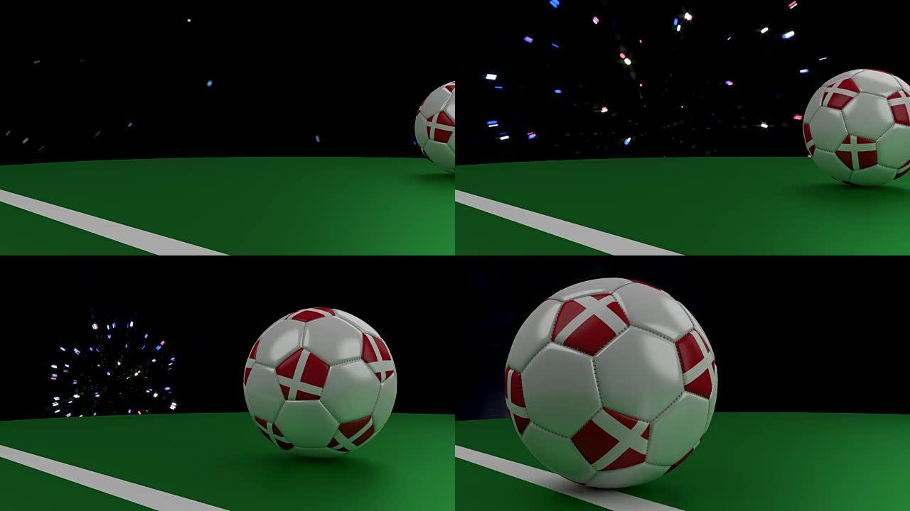 带有丹麦国旗的足球在礼炮下越过球门线，3D渲染