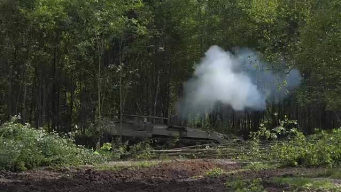 陆军坦克摧毁绿色森林，在射击场的森林中修建道路