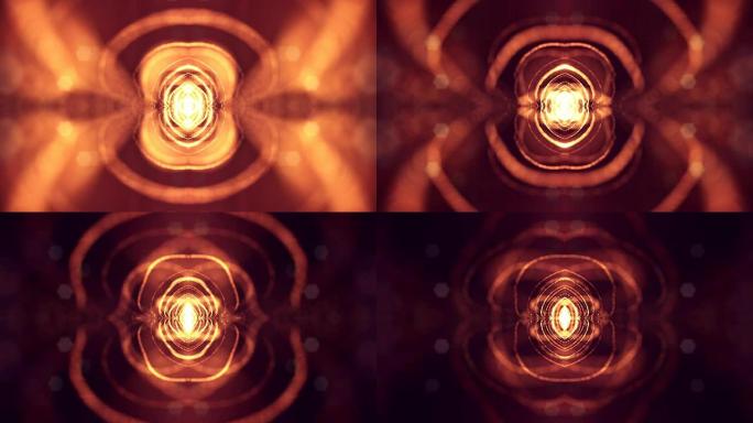 3d循环动画作为科幻小说背景，具有景深的发光粒子和vj循环的散景。粒子形成线和表面网格。V10红金