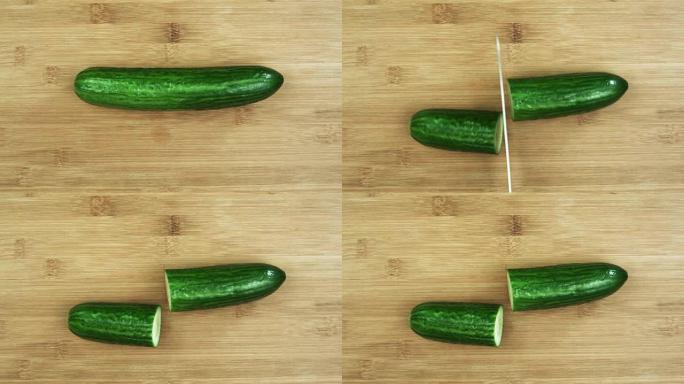 厨师戴着白手套切黄瓜做饭。