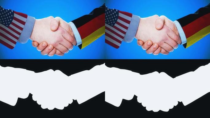 美国-德国/握手概念动画关于国家和政治/与哑光通道