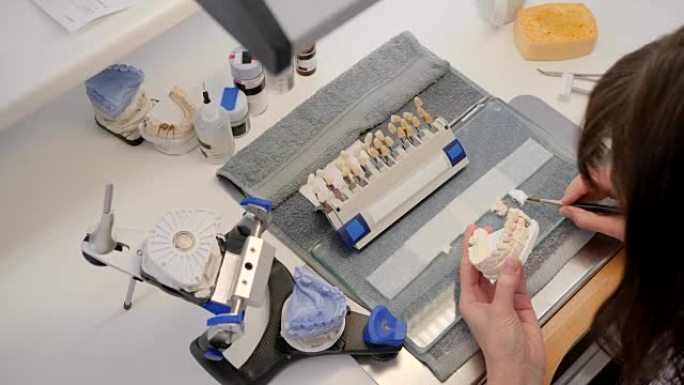 女性牙科专家在工作台用工具在桌子上的下巴模型特写镜头上画白色染料