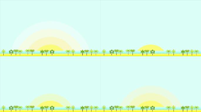 动画夏季矢量插图网站页眉，页脚，网页横幅，传单或明信片，现代平面设计概念景观与海/海，海滩，棕榈树和